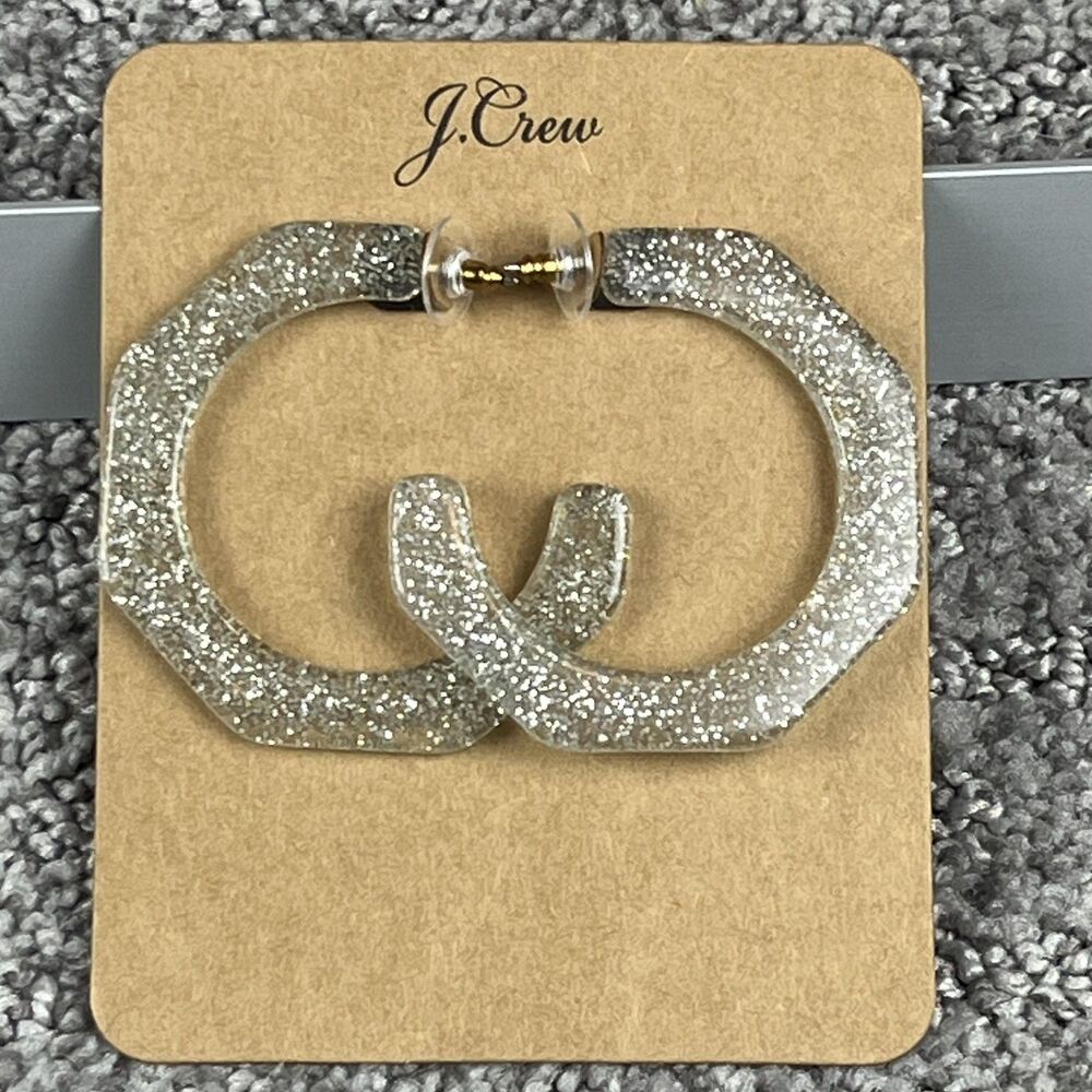 J.Crew Silver Glitter Resin Octagon Hoop Earrings Womens Statement 2 Inch